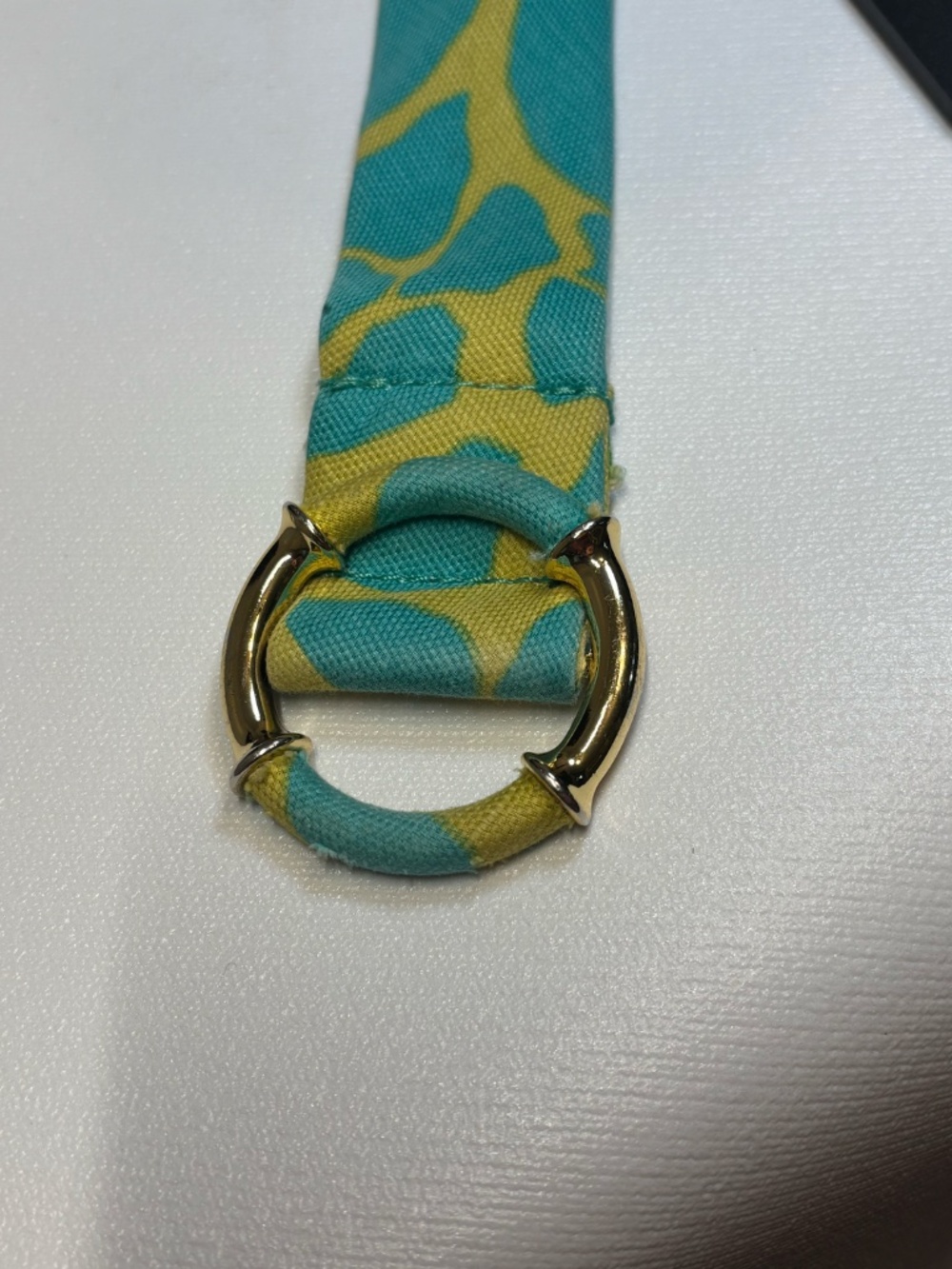 J. Crew Aqua Blue & Lime Green Printed Linen Belt Gold Horseshoe Buckle Medium - Picture 2 of 8